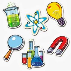 a set of science themed stickers on a white background