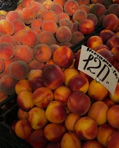 peaches for sale at a market with price tags on the top and below them