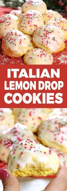 italian lemon drop cookies with white icing and sprinkles are on a red platter