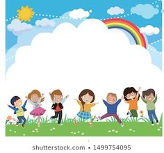 a group of children jumping in the grass with a rainbow and clouds behind them on a sunny day