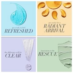 four different types of skin care products with the words get ready for refreshed, radiant arrival, and clear