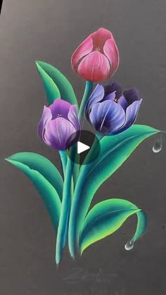 a painting of three tulips with raindrops