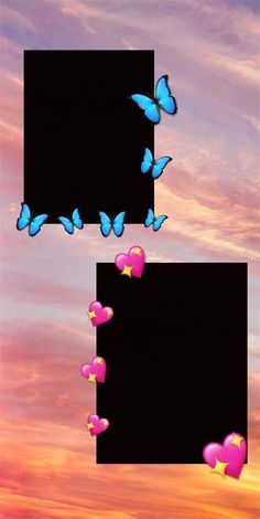 butterflies flying in the sky with pink and blue clouds behind them at sunset or dawn