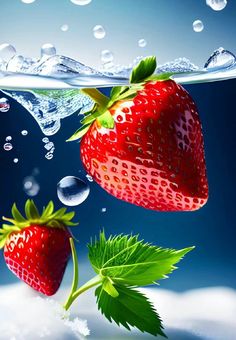 two strawberries floating in the water with bubbles