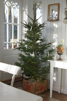 a small christmas tree sitting in a wooden box next to a white table and chairs