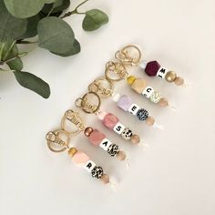 a bunch of key chains sitting on top of a table next to a potted plant