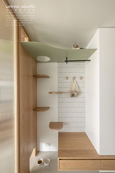 the interior of a modern home with white walls and wooden shelves