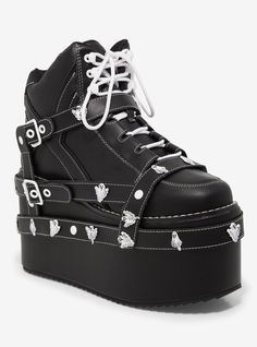 Step out in eerie style! Get spooky with these ghostly platform sneakers! Featuring buckle strap detailing throughout with contrast white grommets and silver-tone ghost charm studs.Listed in women's sizes.Platform: 3''Heel: 4''Polyurethane upper & rubber soleImported Ghost Clothes, Punk Clothes, Dory Finding Nemo, Grunge Shoes, Platforms Sneakers, Alternative Shoes, Emo Stuff, Gothic Shoes, Blue Beetle