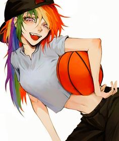 a person with colorful hair holding a basketball