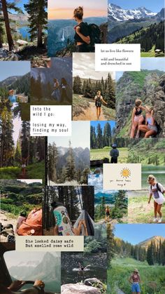 the collage shows many different pictures and words on it, including mountains, trees, people