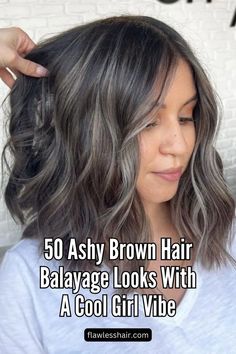 Brown Hair With Ashy Balayage Ash Brown Hair To Cover Grey, Cool Tone Low Lights For Brown Hair, Box Dyed Brown Hair, Dark Hair With Gray Balayage, Best Way To Blend Gray Hair Brunettes, Brunette Ash Blonde Balayage, Balayage Hair Blended, Dark Hair Light Roots, Cool Ashy Brown Hair Balayage