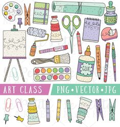 an art class clipart set is shown with markers, scissors and other arts supplies