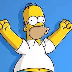 the simpsons character is standing in front of a blue background with his arms raised up