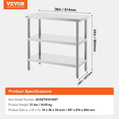 the product is shown with measurements for each shelf, and it has three shelves on one side