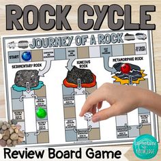 a rock cycle game is shown with the words, review board game and rocks on it