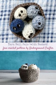 three crocheted animals in a basket with text overlay that says yarn ball pals with basket free crochet pattern by underground crafter