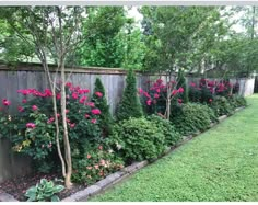 the garden is full of pink flowers and green plants, along with a wooden fence