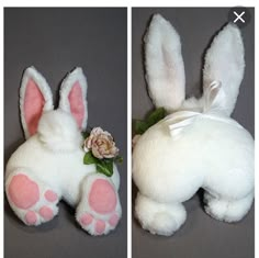 two pictures of stuffed animals one is white and the other is pink