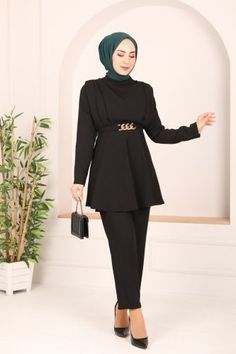 Kemerli Tesettür Takım 1749PNL657 Siyah - Moda Selvim Peplum Dress