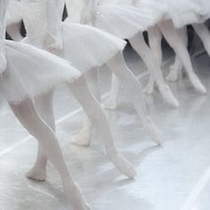 several ballerinas in white tutus are lined up