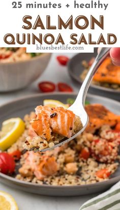 A fork of salmon couscous salad. Salad With Lemon Dressing, Fluffy Quinoa, Salmon Quinoa, Mediterranean Diet Recipes Dinners, Healthy Pasta Salad, Healthy Dinner Options, Salad With Lemon, Healthy Salmon Recipes, Prawn Recipes