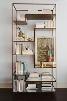 a book shelf with books on top of it and some other items in front of it