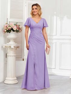 #color_Tahiti Dusty Purple Bridesmaid Dresses, Short Sleeves Dress, Purple Bridesmaid Dresses, Modest Bridesmaid Dresses, Dusty Rose Dress