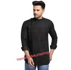 HANDMADEKURTASHOP  Description Man kurta for Man Give yourself a best ethnic look by wearing this Top and bottom Set. Made of rich cotton silk blend fabric this regular-fit set comprises a full-sleeved Indian Short kurta This outfit with mojris will look apart on special occasions. material 100%Cotton Color : Black color Kurta Length : 30 inches Designer Short kurta  Shirt Chest is measurement for shirt (not body) As per standard, for best loose fitting 6 inches gap should be there between actual chest size and shirt chest size Size chart is below Men's Sizes Actual Body Chest - Ready Shirt Chest i Add 6" Inches Lose Fitting Fabric Armhole To Armhole. XS - 30" Inches 36" Inches S - 34" Inches 40" Inches M - 36" Inche 42" Inches L - 40" Inches 46" Inches XL - 44" Inches 50" Inches 2XL - 48" Casual Black Festive Kurta, Black Straight Kurta For Casual Wear, Casual Black Straight Kurta, Kurta For Man, Traditional Kurta, Kurta Shirt, Top And Bottom Set, Kurta Men, Short Kurta