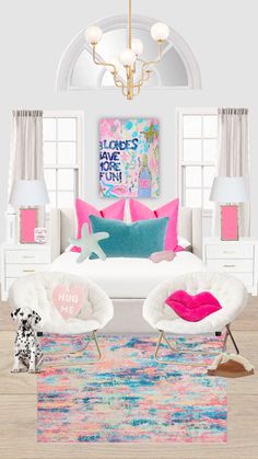 a bedroom with white furniture and pink accents on the walls, rugs and lamps