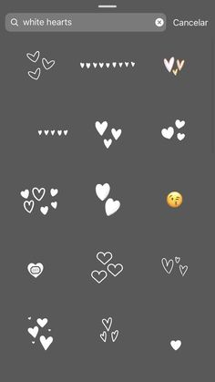 some white hearts and other symbols on a gray background