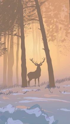 a deer standing in the middle of a forest with tall trees and snow on the ground