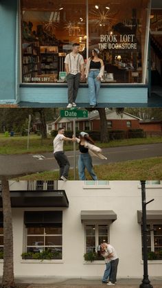 people standing in front of a store window with their arms out and one person jumping up into the air