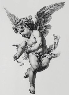 Flying Angel Tattoo, High Contrast Tattoo, Cherub Drawing, Cherub Tattoos, Cherubs Tattoo, Angels Drawing, White Background Tattoo, Angelo Tattoo, Cherub Angel Tattoo