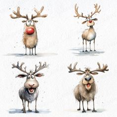 four reindeers with different facial expressions on their faces