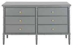 a gray dresser with gold knobs on the top and bottom drawers, against a white background