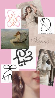 a collage of various images with the words venus and zodiac signs on them in black ink