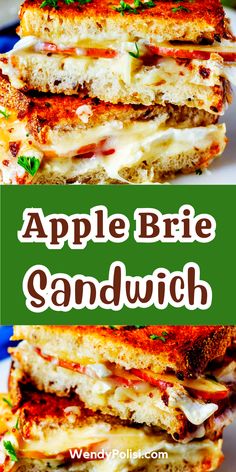 two grilled sandwiches stacked on top of each other with the words apple brie sandwich