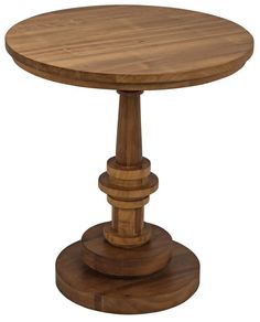 a round wooden table with two pedestals