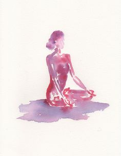 a watercolor painting of a woman sitting on the ground with her legs crossed in front of her body