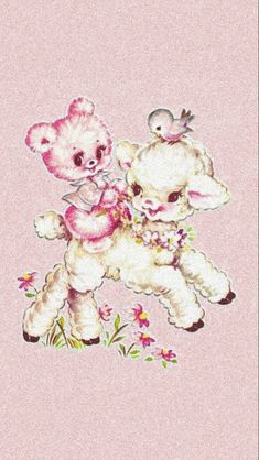 two teddy bears playing with each other on a pink background and one is holding a little bird