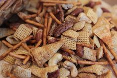 a pile of chex mix sitting on top of a table