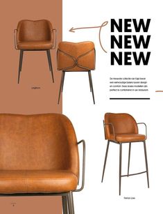 an advertisement for the new furniture line, featuring two leather chairs and one metal chair