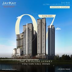 an advertisement for a luxury hotel in the middle of a lake with skyscrapers on each side