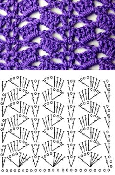 the crochet stitch pattern is shown in purple and has two rows of stitches