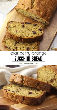 cranberry orange zucchini bread is sliced on a cutting board