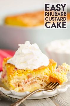 a slice of easy rhubarb custard cake on a white plate