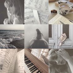 a collage of photographs with music and words on them, including an old piano