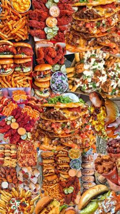 many different types of food on display together