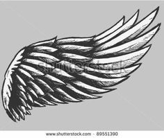 black and white drawing of an angel wing