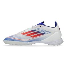 the adidas soccer shoe in white and red with blue detailing on the upper part